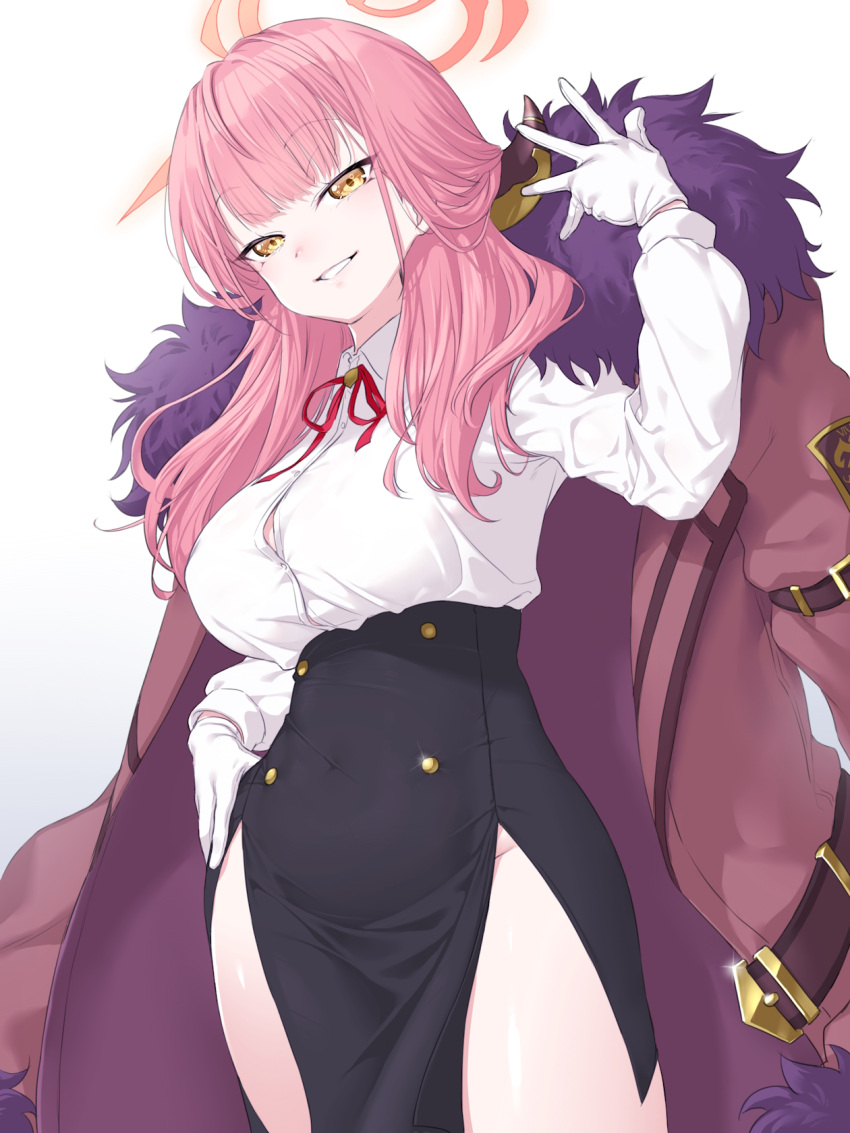 aru_(blue_archive) black_skirt blue_archive blush breasts brown_coat coat coat_on_shoulders collared_shirt dress_shirt female fur-trimmed_coat fur_trim gloves grin halo highres horns large_breasts long_hair long_sleeves looking_at_viewer neck_ribbon onsoku_inu pelvic_curtain pencil_skirt pink_hair ribbon shirt side_slit skirt smile solo thighs white_gloves white_shirt yellow_eyes