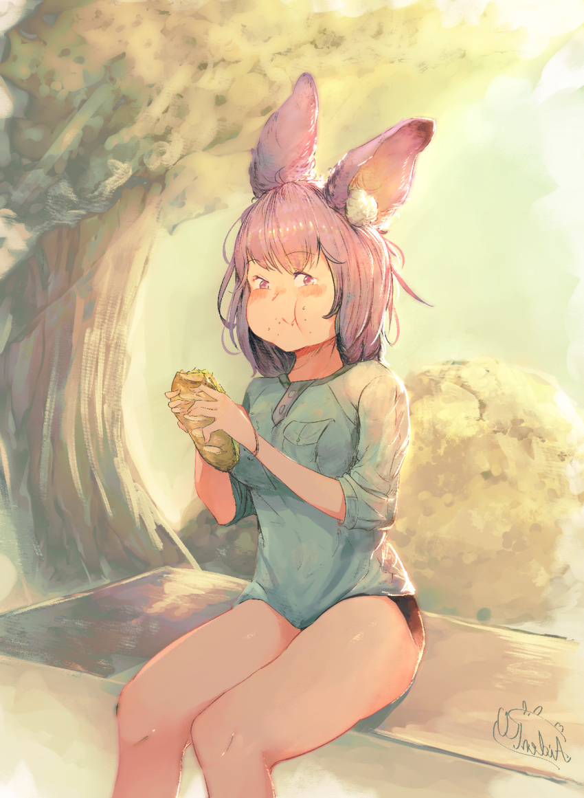 :t animal_ear_fluff animal_ears artist_name blue_shirt blush bracelet breast_pocket buttons cheek_bulge chewing closed_mouth commentary crumbs eating english_commentary female food food_bite food_on_face hai_to_gensou_no_grimgar hands_up highres holding holding_food holding_sandwich jewelry knees_together_feet_apart looking_at_viewer no_pants outdoors panties pocket purple_eyes purple_hair rabbit_ears rabbit_girl red_panties sandwich shihoru_(grimgar) shirt short_hair sidelocks signature sitting solo spindle_(aidenr0) submarine_sandwich thighs tree underwear