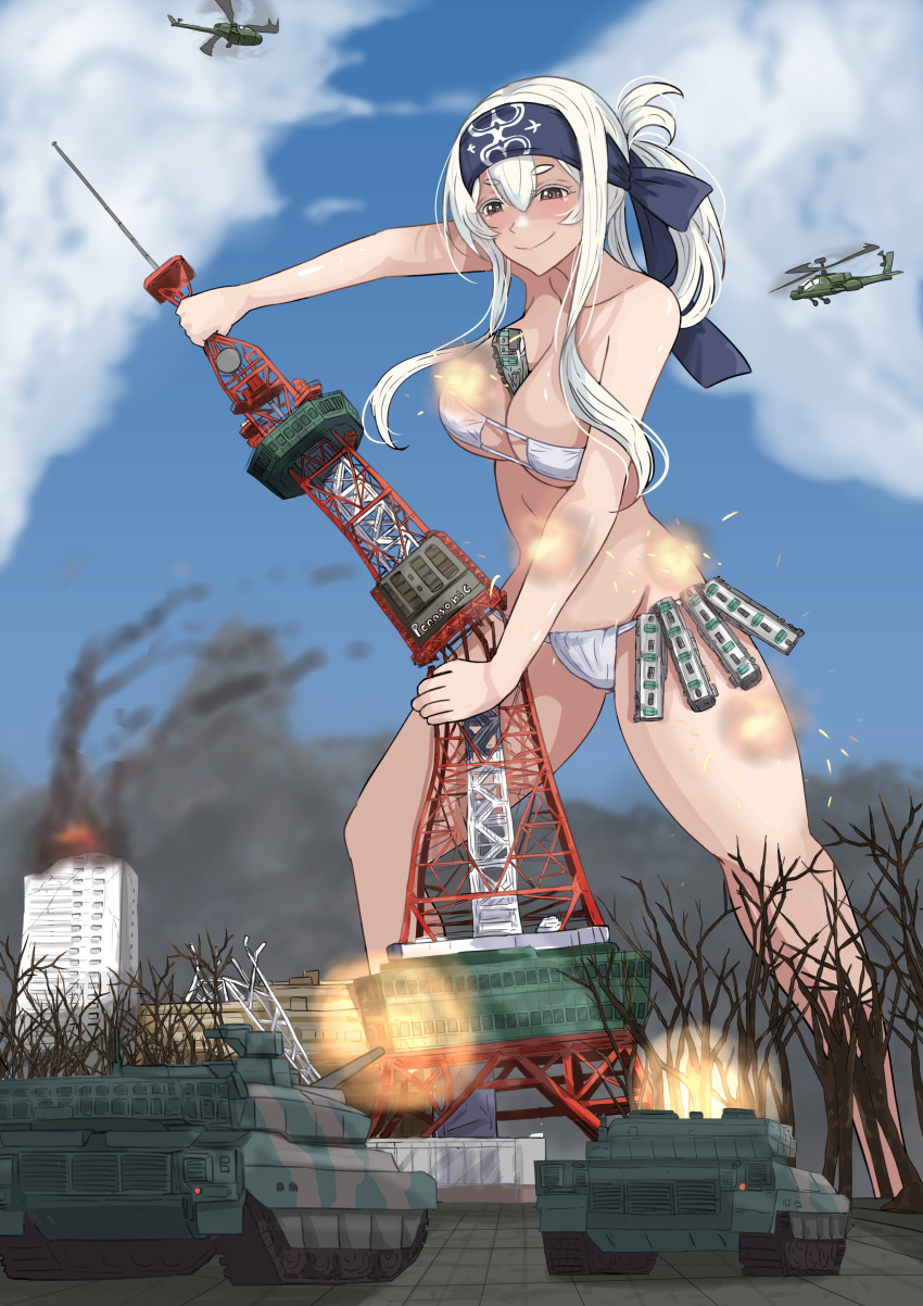 absurdres aircraft between_breasts bikini blue_headband blue_sky breasts brown_eyes building burning burning_building cloud commission day destruction eyepatch_bikini female giant giantess headband helicopter highres kamoi_(kancolle) kantai_collection ken_(shutenndouji1) military_vehicle motor_vehicle navel outdoors pixiv_commission sidelocks sky smile swimsuit tank thick_eyebrows tokyo_tower tree white_hair