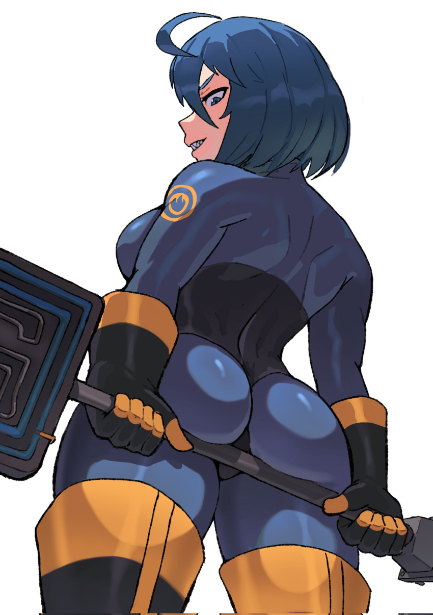 ass back black_footwear black_gloves blu_pyro_(tf2) blue_bodysuit blue_eyes blue_hair bob_cut bodysuit boots breasts commission female from_below gloves highres holding large_breasts latex latex_bodysuit looking_at_viewer looking_back pyro_(tf2) sharp_teeth short_hair simple_background solo team_fortress_2 teeth thigh_boots wersman white_background