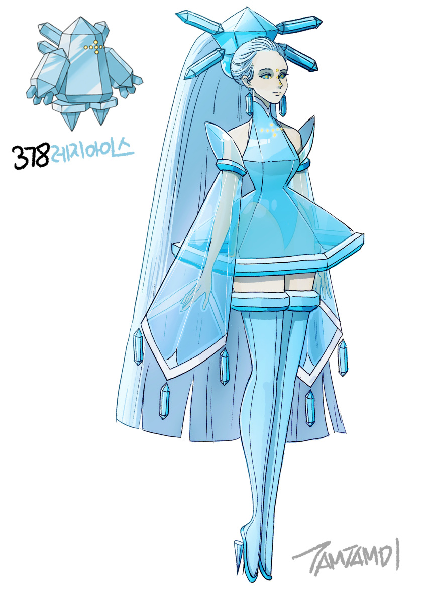 blue_eyes blue_footwear blue_hair blue_thighhighs commentary detached_sleeves dress earrings female floating full_body highres jewelry long_hair personification pokemon regice see-through see-through_dress see-through_sleeves simple_background tamtamdi thighhighs very_long_hair white_background yellow_pupils