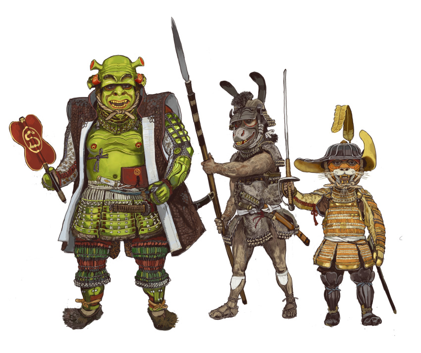 3boys absurdres armor colored_skin donkey donkey_(shrek) dreamworks feline full_body green_skin helmet highres holding holding_polearm holding_sword holding_weapon japanese_armor kabuto_(helmet) looking_at_viewer male_focus mossacannibalis multiple_boys muscular muscular_male nipple_piercing no_humans ogre open_mouth piercing polearm puss_in_boots_(shrek) samurai sandals shrek shrek_(series) simple_background spear sword teeth warrior weapon white_background