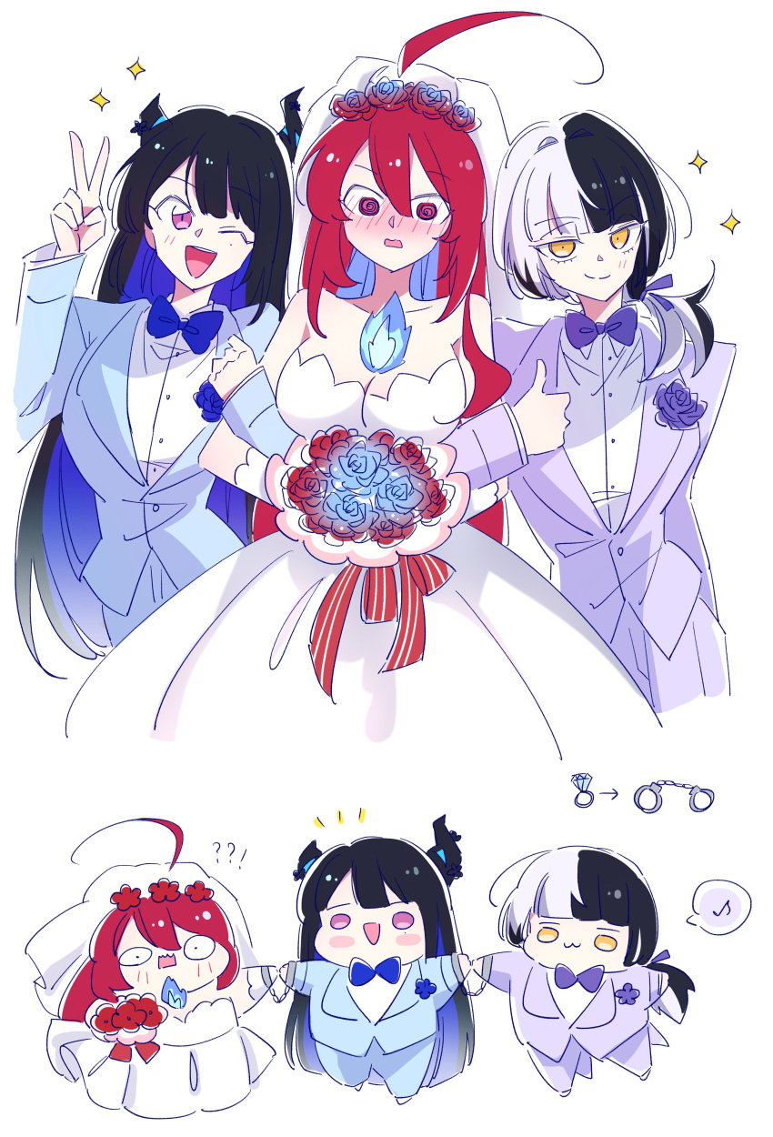 3girls @_@ absurdres ahoge asymmetrical_horns black_hair blue_hair blush bouquet breasts bridal_veil chibi closed_mouth colored_inner_hair cuffed cuffs dress elizabeth_rose_bloodflame grey_hair handcuffs highres holding holding_bouquet hololive hololive_english horns huge_ahoge jewelry locked_arms long_hair makoto_shih mole mole_under_eye multicolored_hair multiple_girls musical_note nerissa_ravencroft one_eye_closed open_mouth parted_lips red_hair ring shiori_novella sparkle split-color_hair spoken_musical_note teeth thumbs_up uneven_horns upper_teeth_only v veil virtual_youtuber wedding_dress wedding_ring yellow_eyes yuri