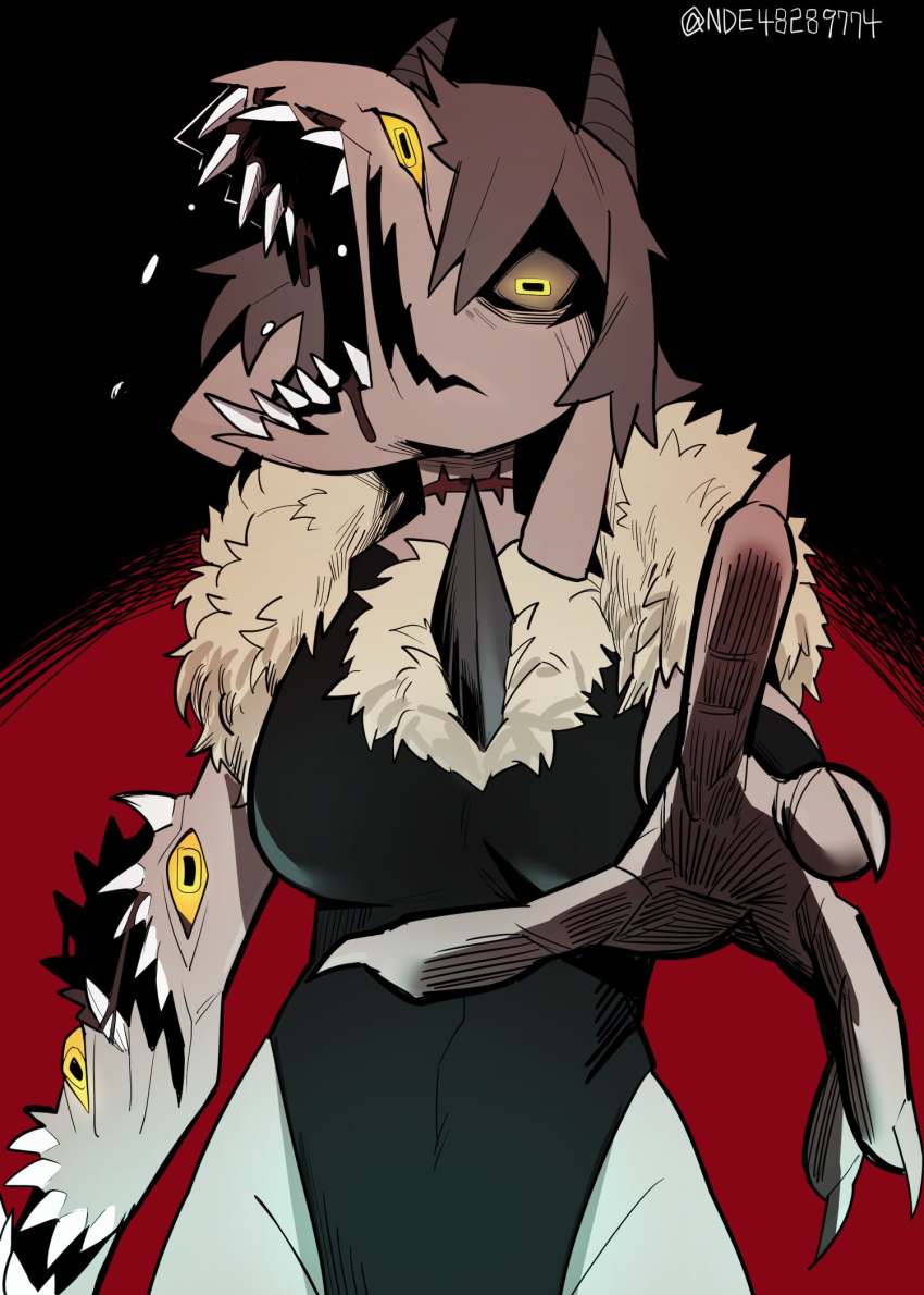 body_horror brown_eyes chest_spike colored_sclera dress extra_eyes extra_mouth female fingernails fur-trimmed_dress fur_trim goat_horns hair_between_eyes highres horizontal_pupils horns monster_girl open_mouth original reaching reaching_towards_viewer scar scar_on_neck shaded_face sharp_fingernails sharp_teeth solo sung08ko teeth yellow_eyes yellow_sclera