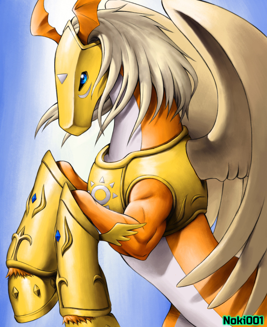 ambiguous_gender armor bandai_namco blonde_mane blue_background blue_eyes digimon digimon_(species) feral fur gem gold_(metal) gold_armor headgear helmet hi_res hooves lighter_belly mane noki001 orange_body orange_fur pegasusmon simple_background solo wings