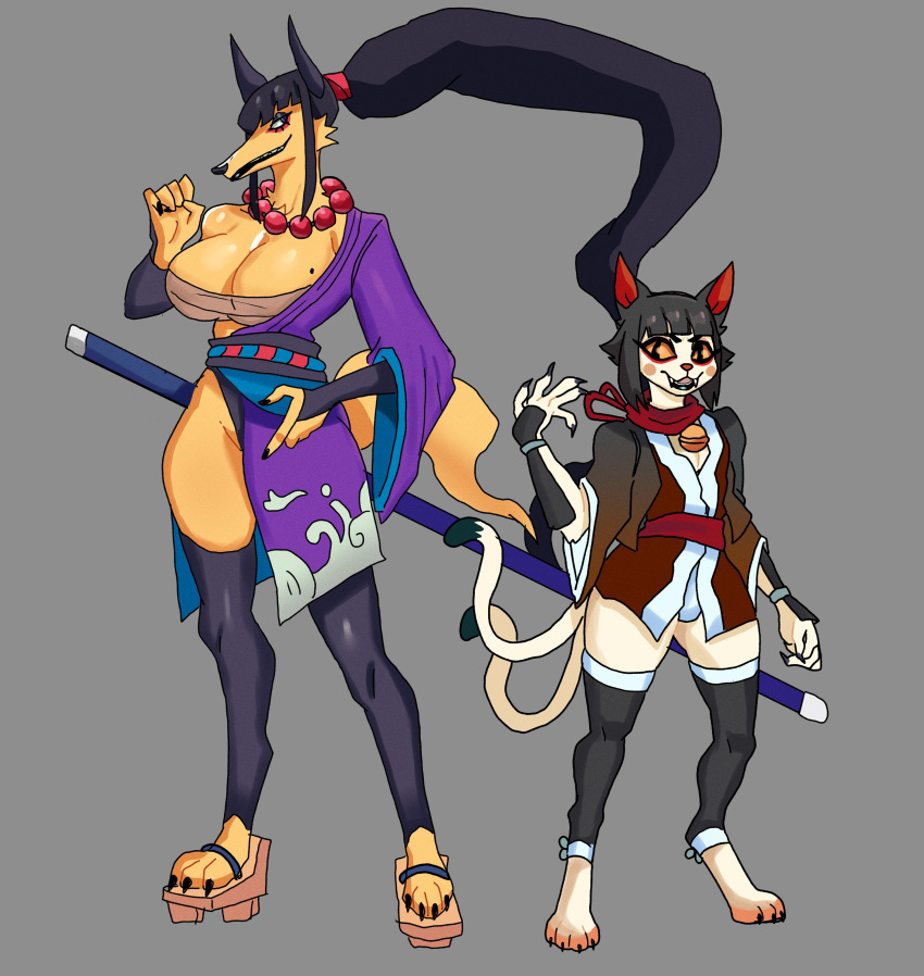 2024 2_tails 5_fingers absurd_res anthro asian_clothing asian_mythology bangs barefoot bell big_breasts breasts canid canine canis chest_wraps claws cleavage clothed clothed_anthro clothing digital_drawing_(artwork) digital_media_(artwork) digitigrade dipstick_tail domestic_cat domestic_dog duo east_asian_clothing east_asian_mythology feet felid feline felis female finger_claws fingers footwear fur geta glistening_eyelids grey_background hair hi_res inugami inugami_(palesnake) japanese_clothing japanese_mythology jewelry larger_female legwear light_body light_face light_fur long_hair looking_back male mammal markings mole_(marking) mole_on_breast multi_tail mythology narrowed_eyes necklace niji_(palesnake) palesnake prick_ears purple_clothing red_clothing red_jewelry red_necklace sandals simple_background size_difference smaller_male smile standing tail tail_markings teeth tied_hair toe_claws topwear wraps yellow_body yellow_fur yellow_sclera yokai