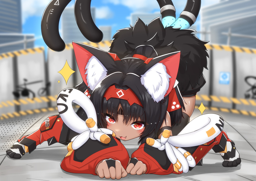 :3 all_fours animal_ear_fluff animal_ears barcode barcode_tattoo black_bridal_gauntlets black_hair black_shorts blurry blurry_background bridal_gauntlets cat_ears cat_girl cat_tail commentary_request dark-skinned_female dark_skin female hairband highres horokusa_(korai) long_hair looking_at_viewer multiple_tails nekomata nekomiya_mana oerba_yun_fang outdoors paw_pose red_eyes red_hairband shorts skindentation solo tail tattoo thighhighs top-down_bottom-up two_tails zenless_zone_zero