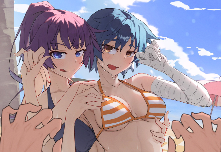 1boy 2girls bandaged_arm bandages beach beach_umbrella bikini blue_bikini blue_eyes blue_hair blush breasts brown_eyes cloud cloudy_sky collarbone commission day hands_up highres kanbaru_suruga large_breasts licking_lips long_hair looking_at_viewer monogatari_(series) multiple_girls official_alternate_costume open_mouth orange_bikini out_of_frame outdoors ponytail pov purple_hair senjougahara_hitagi short_hair skeb_commission sky smile striped_bikini striped_clothes sweatdrop swimsuit thomas_(aoakumasan) tongue tongue_out umbrella underboob upper_body white_bikini