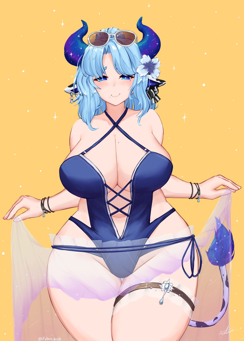 absurdres animal_ears black_one-piece_swimsuit black_ribbon blue_eyes blue_hair breasts cleavage cow_ears cow_girl cow_horns cow_tail cowboy_shot criss-cross_halter earrings eyewear_on_head female futaro_breb hair_ribbon halterneck highres horns huge_breasts indie_virtual_youtuber jewelry long_hair miilkywayz mole mole_under_eye mole_under_mouth navel one-piece_swimsuit ribbon sarong see-through see-through_sarong signature smile solo striped_ribbon swimsuit tail thigh_gap thigh_strap twitter_username virtual_youtuber white_ribbon yellow_background