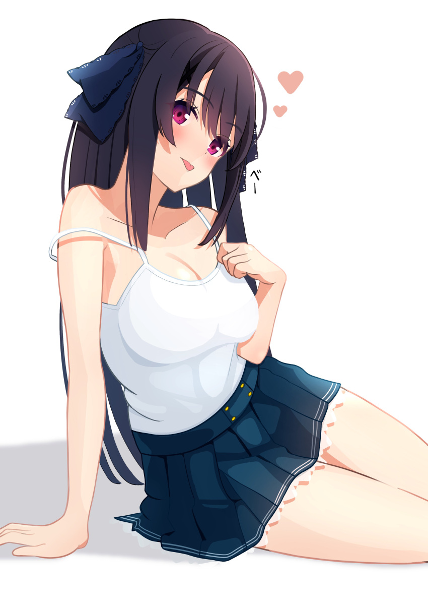 :p absurdres ao_no_kanata_no_four_rhythm arm_support bare_arms bare_shoulders black_hair blue_ribbon blue_skirt blush breasts cleavage closed_mouth collarbone commentary cowboy_shot eyelashes eyes_visible_through_hair female frilled_skirt frills hair_between_eyes hair_ribbon hashtag-only_commentary heart highres large_breasts long_hair looking_at_viewer miniskirt pleated_skirt pororo_(r_pororo) purple_eyes ribbon school_uniform shirt simple_background sitting skirt sleeveless sleeveless_shirt solo spaghetti_strap straight_hair strap_slip thighs tobisawa_misaki tongue tongue_out translated very_long_hair white_background white_shirt yokozuwari