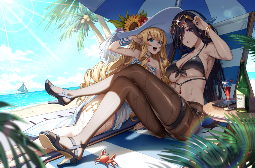 :d adjusting_hair beach beach_towel bikini black_bikini black_pantyhose blonde_hair blue_eyes blue_hair blue_nails bottle bracelet breasts clorinde_(genshin_impact) commentary_request crab crossed_legs cup dark_blue_hair day eyewear_on_head genshin_impact hat high_heels highres jewelry large_breasts long_hair looking_at_viewer multicolored_hair navia_(genshin_impact) no-ba ocean outdoors palm_tree pantyhose parted_lips purple_eyes sailing_ship sandals sitting sky smile streaked_hair sun_hat sunglasses sunlight swimsuit thigh_strap towel tree wet white_hat