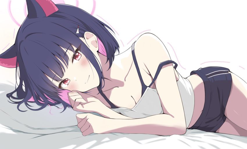 absurdres alternate_costume armpit_crease bare_arms bare_shoulders bed_sheet black_shorts blue_archive blush bra_strap breasts cleavage collarbone colored_inner_animal_ears colored_inner_hair extra_ears hair_ornament halo head_on_pillow highres kazusa_(blue_archive) kurumi_kororin looking_at_viewer lying midriff multicolored_hair navel on_bed on_side pink_hair pink_halo pov_across_bed purple_hair red_eyes short_hair short_shorts shorts simple_background smile tank_top white_background white_tank_top