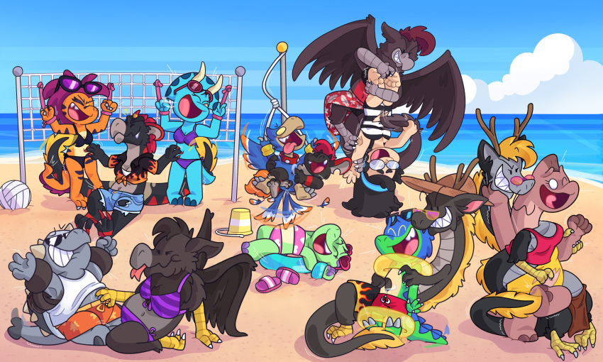 absurd_res anthro avian beach cartoon clothing dinosaur dollytraiter07 dragon female group gryphon hi_res invalid_tag male mythological_avian mythological_creature mythological_scalie mythology prehistoric_species reptile scalie swimwear tickle_torture tickling