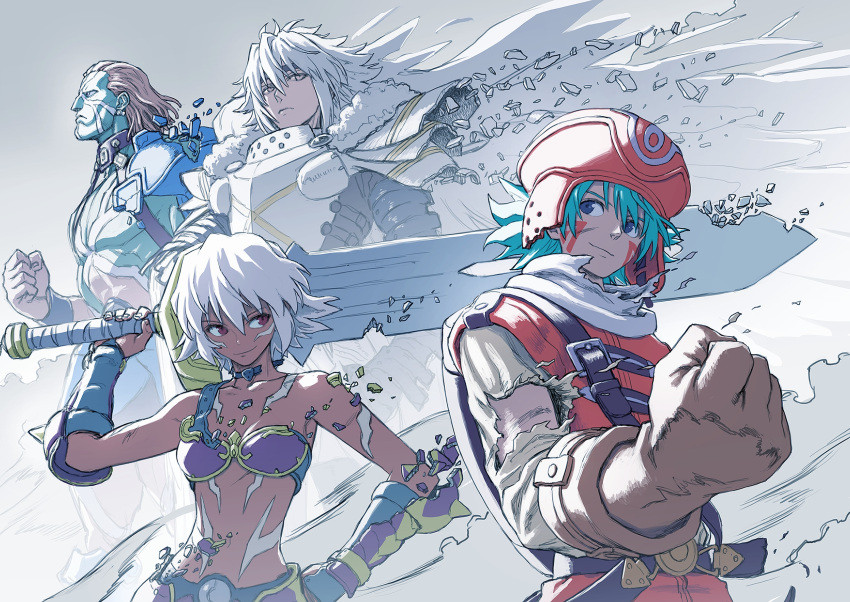 .hack// .hack//games 3boys aqua_hair armor balmung_(.hack//) barbarian bare_pectorals belt bikini black_belt black_choker black_gloves black_rose_(.hack//) black_wristband blue_eyes bob_cut breaking breastplate breasts broken broken_armor broken_sword broken_weapon brown_gloves brown_hair cape carrying_over_shoulder choker clenched_hand closed_mouth colored_skin cover_image dark-skinned_female dark_skin facial_mark female fingerless_gloves from_side fur_hat gauntlets gloves green_skin grey_eyes grey_headband hair_between_eyes hair_slicked_back hand_on_own_hip hand_up hat headband highres holding holding_sword holding_weapon hosokawa_seiichirou huge_weapon kite_(.hack//) knight light_smile looking_afar looking_at_another looking_at_viewer looking_to_the_side metal_bikini midriff multiple_boys muscular muscular_male non-web_source official_art orange_hat orange_pants orange_vest orca_(.hack//) over_shoulder pants pauldrons pectorals profile promotional_art purple_bikini red_eyes scarf shards shirt short_hair shoulder_armor single_pauldron single_strap small_breasts smile standing strap swimsuit sword sword_over_shoulder toned_female torn_choker torn_clothes torn_hat torn_scarf upper_body ushanka vest weapon weapon_over_shoulder white_armor white_background white_cape white_hair white_scarf white_shirt wind