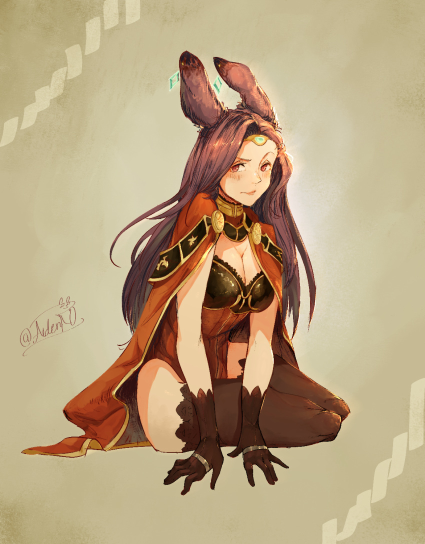 alternate_costume animal_ear_piercing animal_ears arm_support artist_name black_gloves black_thighhighs blush breasts cape cleavage closed_mouth commentary english_commentary female fire_emblem fire_emblem_echoes:_shadows_of_valentia fire_emblem_gaiden gloves highres large_breasts leaning_forward leotard long_hair looking_at_viewer playboy_bunny purple_hair rabbit_ears rabbit_girl raised_eyebrow red_cape red_eyes red_leotard sidelocks signature simple_background sitting solo sonya_(fire_emblem_gaiden) spindle_(aidenr0) thighhighs yellow_background yokozuwari