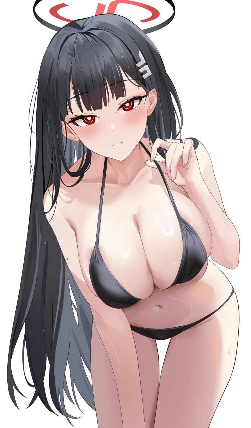 absurdres bare_arms bare_shoulders bikini black_bikini black_hair black_halo blue_archive blush breasts bright_pupils cleavage collarbone commentary cowboy_shot female fingernails grin hair_behind_ear hair_ornament hairclip halo hand_up highres jbell large_breasts leaning_forward long_hair looking_at_viewer navel parted_lips red_eyes rio_(blue_archive) simple_background smile solo standing stomach strap_lift swimsuit very_long_hair wet wet_hair white_background white_pupils