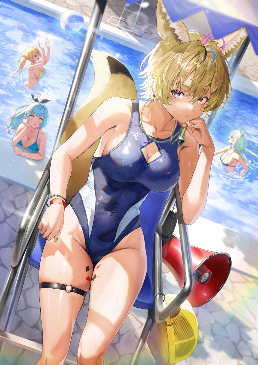 4girls absurdres alternate_costume alternate_hairstyle animal_ears ball baseball_cap beachball bikini blonde_hair blue_bikini blue_eyes blue_hair blue_one-piece_swimsuit breasts cleavage cleavage_cutout clothing_cutout commentary_request competition_swimsuit covered_navel elf fox_ears fox_girl green_bikini grey_hair hair_between_eyes hat highres hololive kuroi_suna large_breasts lion_ears lion_girl looking_at_another looking_at_viewer megaphone momosuzu_nene multiple_girls nepolabo omaru_polka on_chair one-piece_swimsuit pointy_ears ponytail pool shishiro_botan short_hair solo_focus swimsuit unworn_hat unworn_headwear virtual_youtuber yellow_eyes yellow_hat yukihana_lamy