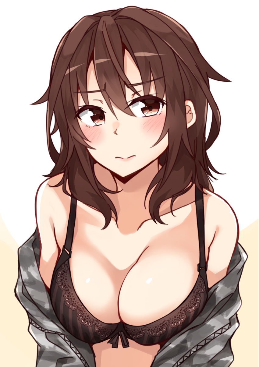 bad_id bad_nicoseiga_id bare_shoulders blush bra breasts brown_bra brown_eyes brown_hair cleavage closed_mouth collarbone commentary_request female grey_jacket hair_between_eyes head_tilt high_school_fleet highres jacket kapatarou kuroki_hiromi lace lace-trimmed_bra lace_trim large_breasts looking_away off_shoulder revision solo striped_bra striped_clothes underwear upper_body vertical-striped_bra vertical-striped_clothes