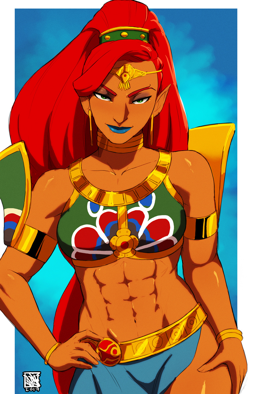 abs armlet armor bad_id bad_tumblr_id big_hair blue_lips breastplate breasts dark-skinned_female dark_skin earrings female gerudo green_eyes hair_pulled_back high_ponytail highres jewelry large_breasts lipstick long_hair looking_at_viewer makeup midriff muscular muscular_female naavs navel photoshop_(medium) pointy_ears ponytail red_hair side_slit smile solo swept_bangs the_legend_of_zelda the_legend_of_zelda:_breath_of_the_wild thick_eyebrows urbosa