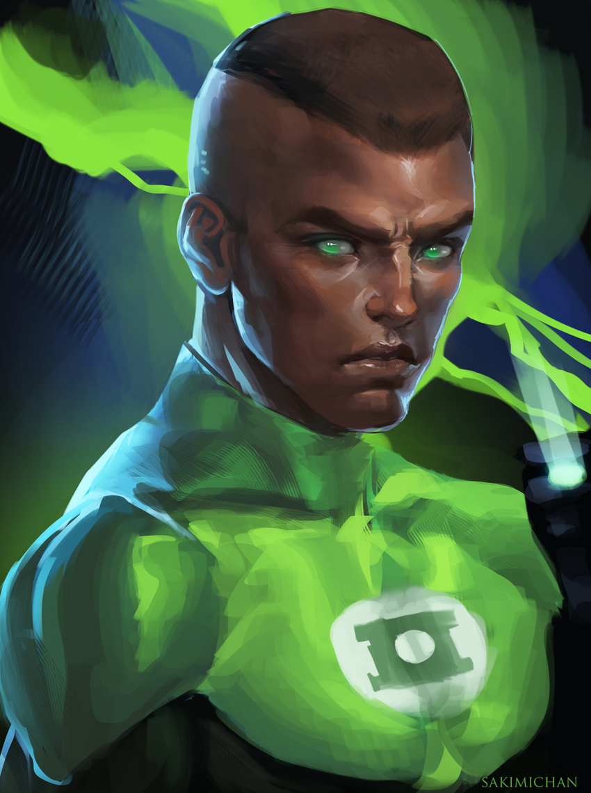 1boy black_hair bodysuit dark_skin dc_comics gloves glowing glowing_eyes green_eyes green_lantern green_lantern_(series) john_stewart male male_focus ring sakimichan solo