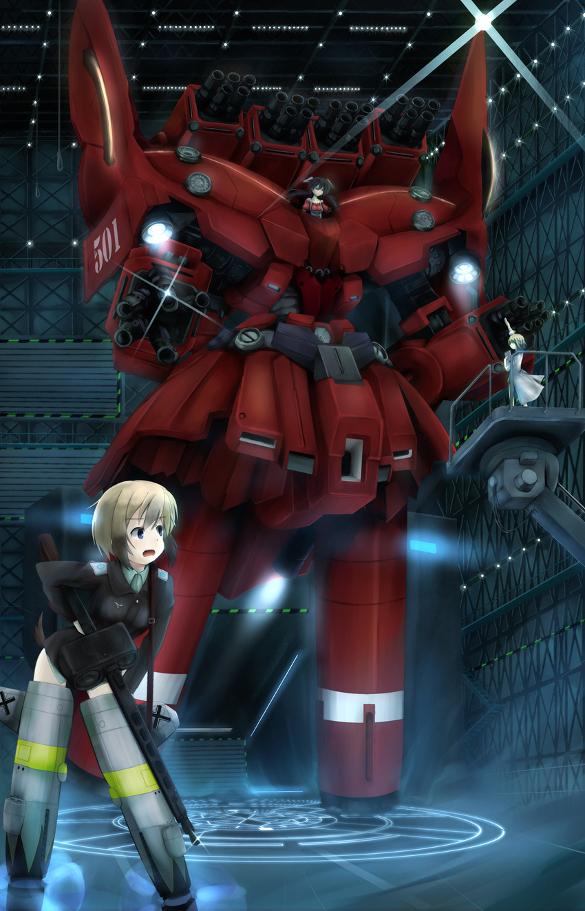 3girls absurdres animal_ears bare_shoulders blonde_hair blue_eyes brown_hair commentary_request dog_ears dog_girl dog_tail drum_magazine dual_drum_magazine erica_hartmann extra_ears gertrud_barkhorn gun gundam gundam_unicorn hangar highres holding holding_gun holding_weapon lab_coat machine_gun magazine_(weapon) magic_circle mecha_musume mg42 multicolored_hair multiple_girls neo_zeong onion_(s00234289) propeller roundel strike_witches strike_witches:_suomus_misfits_squadron striker_unit tail ursula_hartmann weapon world_witches_series