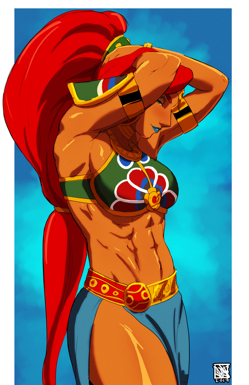 abs armlet armor arms_up bad_id bad_tumblr_id big_hair blue_lips breastplate breasts dark-skinned_female dark_skin female gerudo green_eyes hair_pulled_back highres jewelry large_breasts lipstick long_hair looking_at_viewer makeup muscular muscular_female naavs navel photoshop_(medium) pointy_ears red_hair side_slit smile solo swept_bangs the_legend_of_zelda the_legend_of_zelda:_breath_of_the_wild urbosa