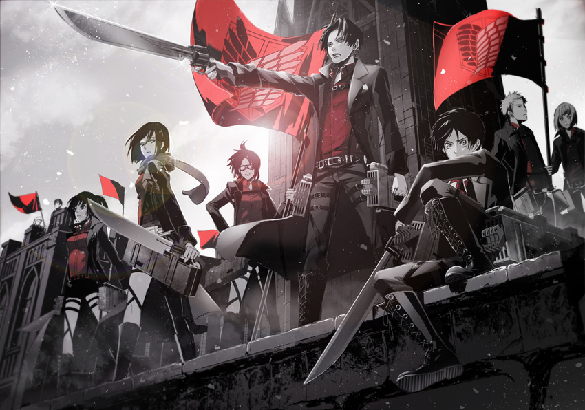 3girls 6+boys armin_arlert belt bertolt_hoover boots commentary_request emblem eren_yeager flag gunblade hange_zoe insignia jacket jean_kirstein lens_flare levi_(shingeki_no_kyojin) mikasa_ackerman monochrome multiple_boys multiple_girls norio_(mirimiri) photoshop_(medium) reiner_braun sasha_blouse scarf shingeki_no_kyojin sky spot_color sun survey_corps survey_corps_(emblem) three-dimensional_maneuver_gear weapon