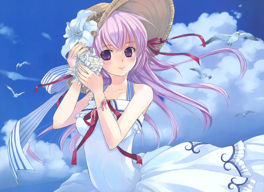 absurdres bird blue_theme bracelet cloud day dress female flower hat highres jewelry kuga_tsukasa long_hair original outdoors seashell shell shell_to_ear sky solo wind