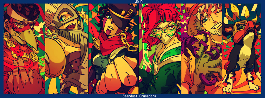 5boys chains commentary_request cosplay hat hermit_purple hierophant_green hierophant_green_(cosplay) highres iggy_(jojo) jamutaro jean_pierre_polnareff jojo_no_kimyou_na_bouken joseph_joestar joseph_joestar_(old) kakyoin_noriaki kujo_jotaro magician's_red magician's_red_(cosplay) mohammed_avdol multiple_boys silver_chariot silver_chariot_(cosplay) star_platinum the_fool the_fool_(cosplay)