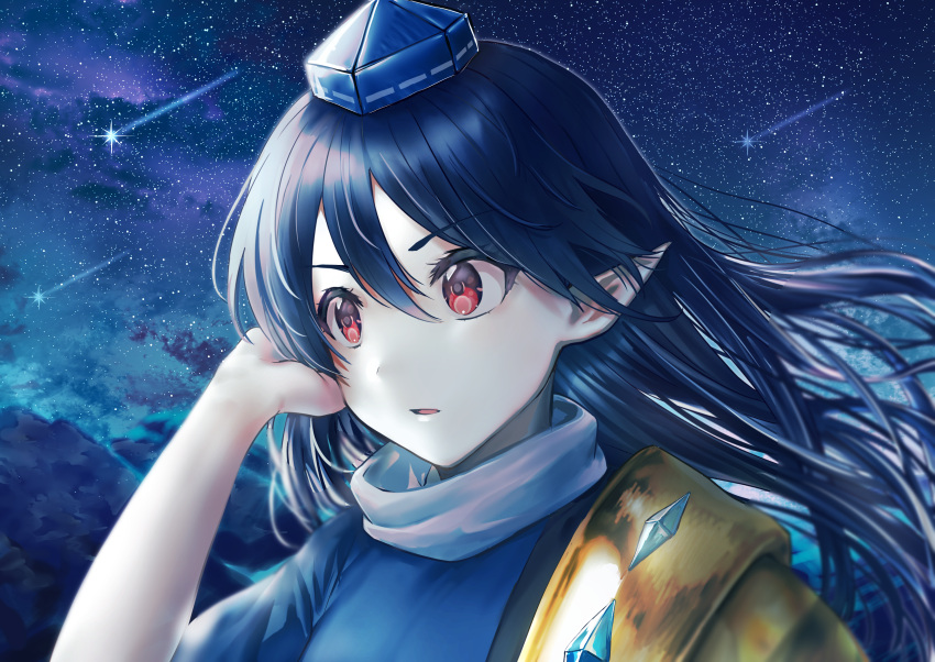 absurdres black_hair blue_dress blue_hair blue_sleeves cloud cloudy_sky crystal dress falling_star female hair_between_eyes hand_in_own_hair hand_up highres iizunamaru_megumu jewelry long_hair looking_to_the_side mountain night night_sky open_mouth red_eyes shooting_star short_sleeves sky solo star_(sky) starry_sky tabiji_(tabiji_s) touhou upper_body