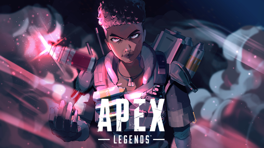 absurdres apex_legends armor bangalore_(apex_legends) brown_eyes brown_hair copyright_name curly_hair dark-skinned_female dark_skin explosive female flare grenade head_tilt highres logo reborns short_hair smoke solo upper_body v-shaped_eyebrows