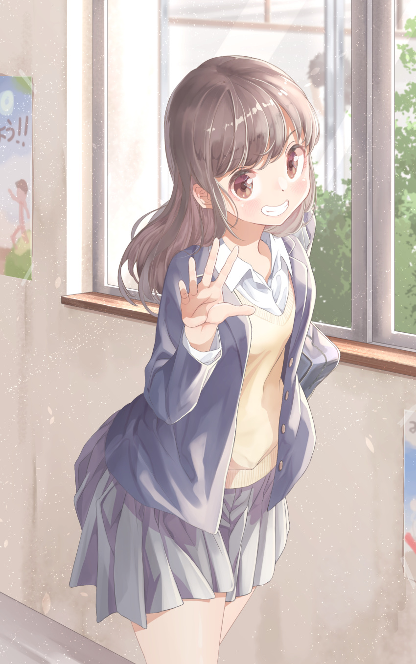 12_graka absurdres bag blush bookbag brown_eyes brown_hair commentary_request day female grin hand_up highres indoors original poster_(object) school_uniform smile solo standing sweater_vest uniform window