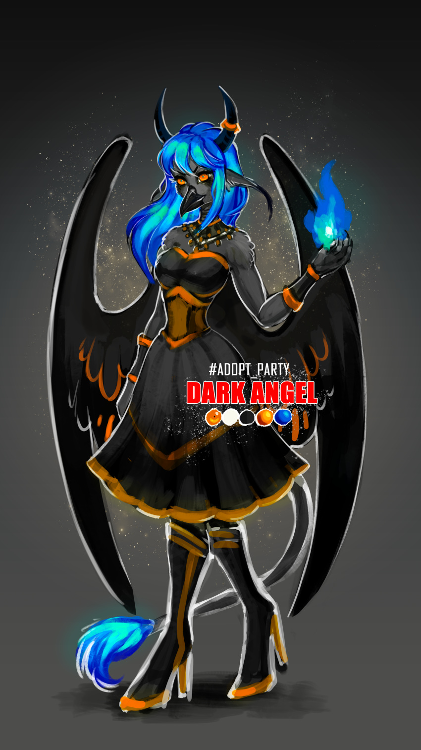 2020 absurd_res angel angry anthro avian bird black_clothing black_dress black_wings blue_eyes blue_hair breasts clothing colored concept_art costume demon detailed digital_drawing_(artwork) digital_media_(artwork) digital_painting_(artwork) dress english_text feathered_wings feathers female full-length_portrait fur glowing gryphon hair halloween halloween_costume hi_res holidays horn hybrid mammal mythological_avian mythological_creature mythology orange_eyes portrait rizonik shaded simple_background smile solo sparkles text wings