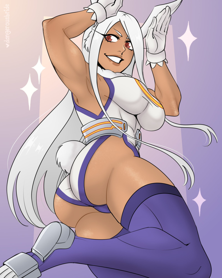 1girls armpits ass brown_eyes bunny_ears bunny_pose bunny_tail dangerousbride dark-skinned_female dark_skin female female_only gloves hero_outfit_(mha) hi_res leotard long_hair looking_at_viewer miruko my_hero_academia pose red_eyes rumi_usagiyama smiling smiling_at_viewer solo solo_female teeth_showing thighhighs thighs white_hair