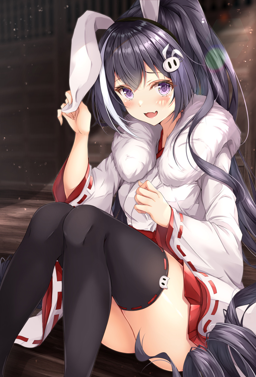 absurdres animal_ears black_hair black_thighhighs blush feet_out_of_frame female fur_trim hair_ornament highres japanese_clothes karyl_(princess_connect!) karyl_(real)_(princess_connect!) long_hair looking_at_viewer miko multicolored_hair oerba_yun_fang open_mouth ponytail princess_connect! purple_eyes rabbit_ears rabbit_hair_ornament red_skirt rumiko_(rmeco) shirt sitting skin_fang skirt solo streaked_hair thighhighs thighs very_long_hair white_hair white_shirt