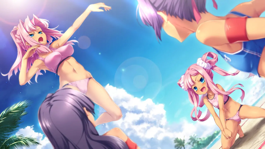 4girls arm_up beach bikini bikini_top_only black_hair blue_bikini blue_eyes breasts clenched_hands cloud game_cg hair_bun hair_intakes hikage_eiji jumping kannei kneeling koihime_musou long_hair multiple_girls navel oerba_yun_fang open_mouth outdoors own_hands_together pink_bikini pink_hair purple_hair scrunchie shuutai siblings single_hair_bun sisters sky smile sonken sonshoukou spread_legs suzukuri_karin-chan swimsuit tree twintails v_arms very_long_hair volleyball