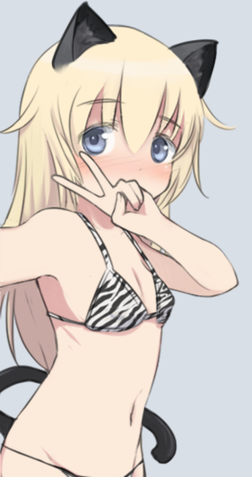 animal_ears animal_print bikini blonde_hair blue_eyes blush breasts cat_ears cat_girl cat_tail covered_mouth cowboy_shot female helma_lennartz highres m1saki_1 selfie small_breasts solo strike_witches:_suomus_misfits_squadron swimsuit tail tiger_print world_witches_series