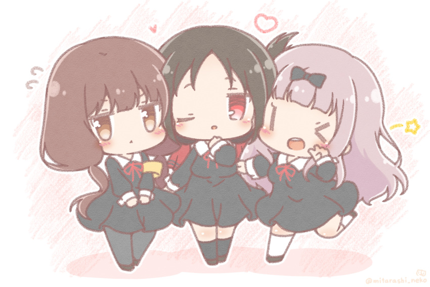 3girls :d :o black_dress black_hair blunt_bangs bow breasts brown_eyes brown_hair chibi commentary_request dress fujiwara_chika full_body hairbow heart highres iino_miko kaguya-sama_wa_kokurasetai_~tensai-tachi_no_renai_zunousen~ long_hair long_sleeves looking_at_viewer low_twintails mitarashi_neko multiple_girls neck_ribbon one_eye_closed open_mouth pink_hair red_eyes red_ribbon ribbon school_uniform shinomiya_kaguya shuuchiin_academy_school_uniform smile standing star_(symbol) triangle_mouth twintails |_|