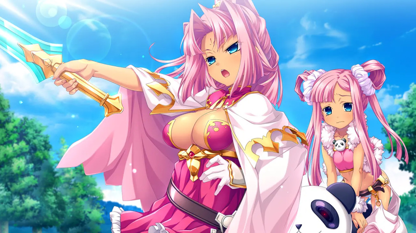 2girls arm_up bandeau belt blue_eyes breasts cape chaps cleavage cloud day dress fur_trim game_cg gloves hair_intakes hikage_eiji koihime_musou large_breasts long_hair multiple_girls no_bra open_mouth outdoors outstretched_arm panda panties ponytail red_dress riding robot scrunchie short_dress shouting siblings single_glove sisters sky sonken sonshoukou strapless strapless_dress striped_clothes striped_panties suzukuri_karin-chan sword twintails underwear very_long_hair vest weapon white_cape white_gloves