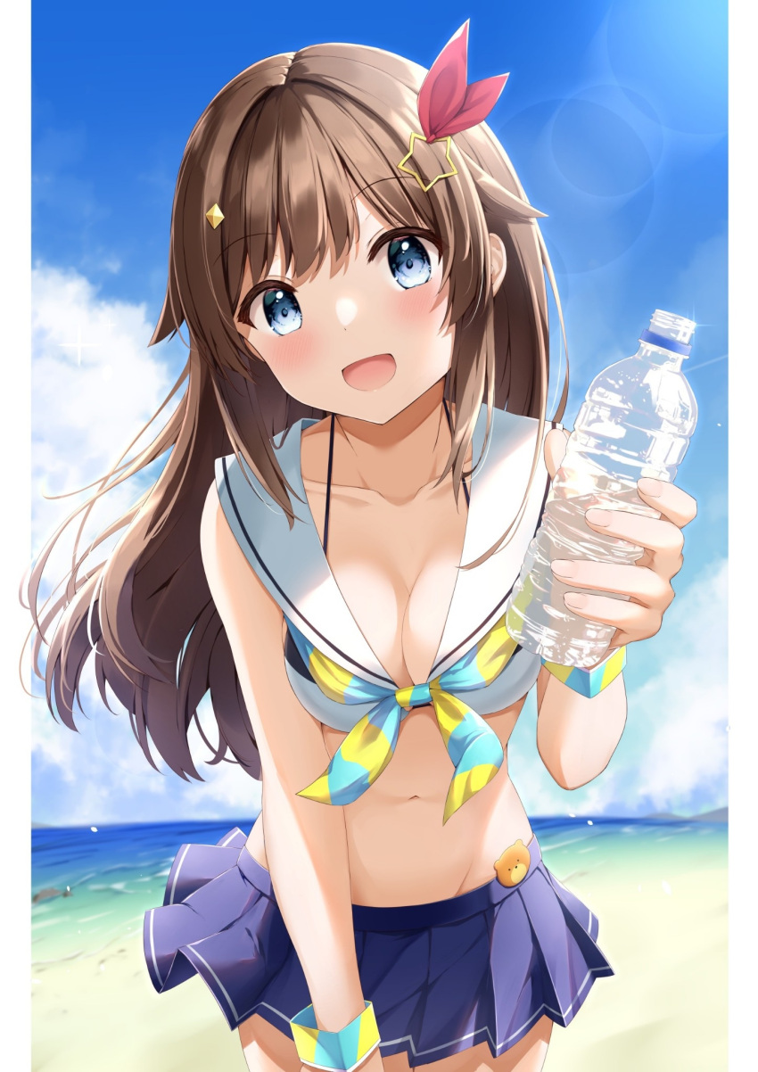 blue_eyes blush bottle breasts brown_hair cleavage collarbone cowboy_shot day diamond_hair_ornament female hair_flaps hair_ornament hair_ribbon hairclip highres hololive hozuka idol long_hair looking_at_viewer medium_breasts navel official_alternate_costume open_mouth outdoors red_ribbon ribbon smile solo star_(symbol) star_hair_ornament swimsuit tokino_sora tokino_sora_(hololive_summer_2019) virtual_youtuber water_bottle