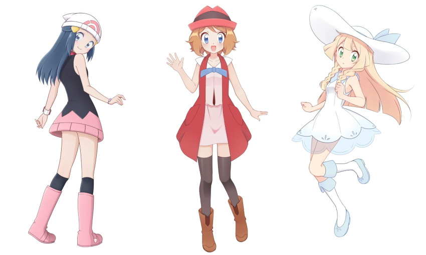 3girls bad_id bad_twitter_id black_socks black_thighhighs blush boots bracelet brown_footwear brown_thighhighs clenched_hands commentary_request dawn_(pokemon) dress hair_ornament hairclip hand_up hat highres jewelry kneehighs kouzuki_(reshika213) light_brown_hair lillie_(pokemon) long_hair looking_at_viewer multiple_girls open_mouth over-kneehighs pink_footwear pokemon pokemon_(anime) pokemon_dppt_(anime) pokemon_sm_(anime) pokemon_xy_(anime) serena_(pokemon) shoes smile socks thighhighs waving white_background white_dress white_headwear