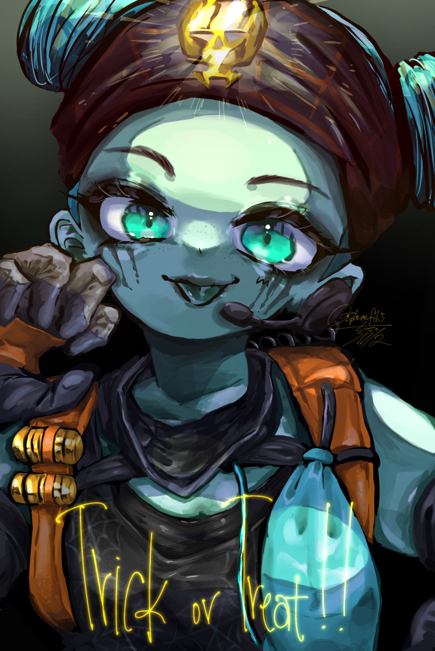 animification apex_legends black_eyeshadow black_headband black_tank_top claw_pose collarbone colored_skin double_bun eyeshadow female gloves green_eyes green_skin green_widow_lifeline grey_gloves hair_bun head_tilt headband headset highres lifeline_(apex_legends) looking_at_viewer makeup mask mask_around_neck splinter_fish59 tank_top trick_or_treat