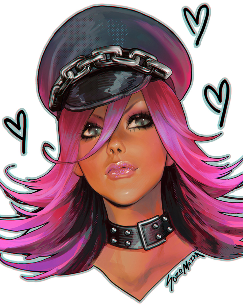 artist_name black_collar black_hat closed_mouth collar commentary english_commentary female glitter hair_between_eyes hat heart highres lips lipstick looking_at_viewer makeup peaked_cap pink_hair pink_lips poison_(final_fight) portrait realistic simple_background solo sozomaika spiked_collar spikes street_fighter street_fighter_v white_background