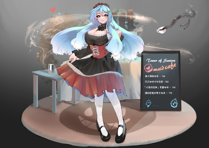 absurdres black_dress blue_eyes blue_hair breasts cleavage coffee coffee_pot copyright_name corset cup dress female full_body heart highres large_breasts long_hair maid reborns red_corset shadow solo sparkle teacup tower_of_saviors