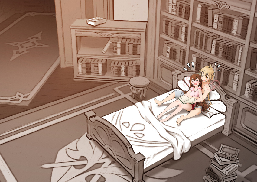 1boy aether_(genshin_impact) amber_(genshin_impact) bed bed_sheet bedroom blonde_hair book book_stack bookshelf brown_hair chinese_commentary commentary_request female genshin_impact highres hug hug_from_behind indoors pillow royboy stool straight