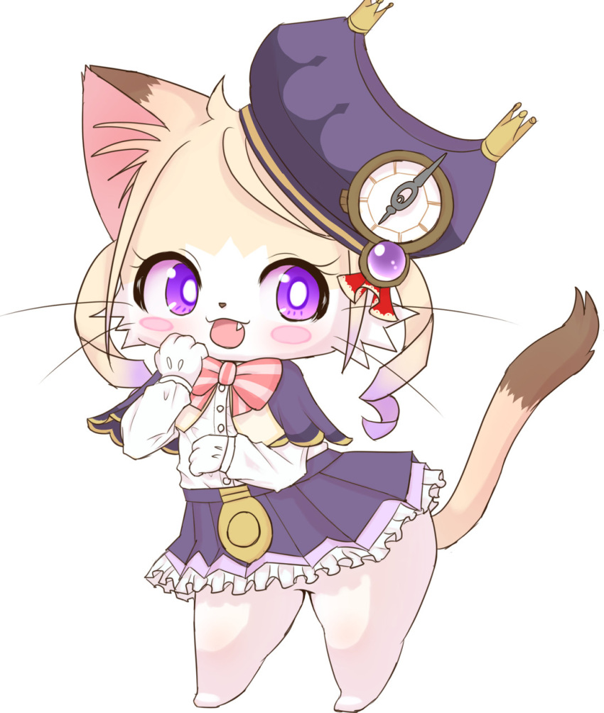 anthro blush blush_stickers bottomwear bunnag cat_busters chrona_(cat_busters) clothing cute_fangs digital_media_(artwork) domestic_cat drill_curls felid feline felis femboy gloves hair handwear hat headgear headwear hi_res looking_away male mammal open_mouth purple_eyes shaded simple_background skirt solo standing tail_under_skirt thick_thighs white_background