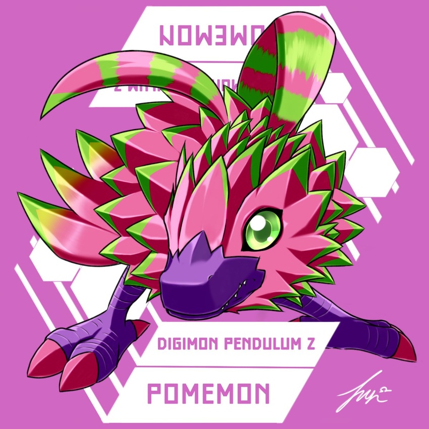 1:1 ambiguous_gender antennae_(anatomy) bandai_namco digimon digimon_(species) dragon dragon_fruit_markings feathers feral green_eyes green_markings hi_res hudie_jun markings mythological_creature mythological_scalie mythology pink_body pink_feathers pomumon purple_mouth scalie solo