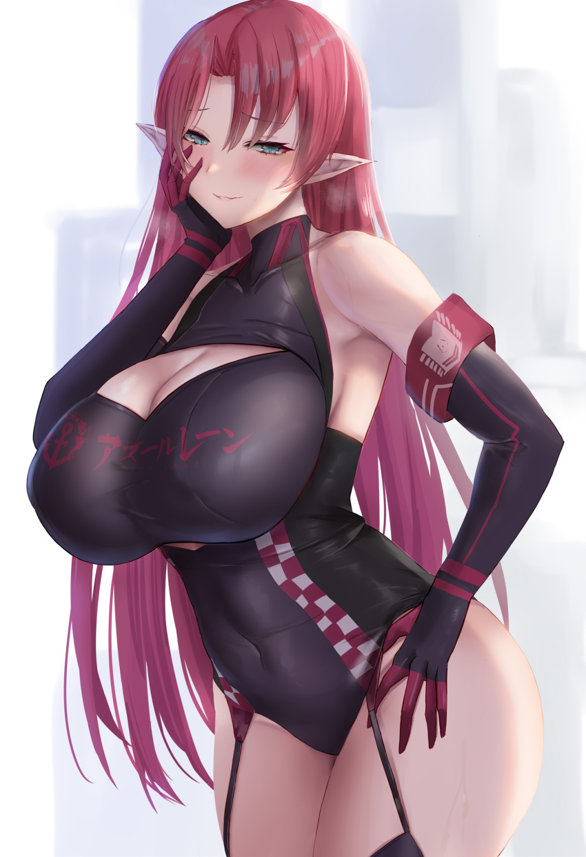 azur_lane bare_shoulders black_garter_straps black_gloves black_leotard blue_eyes blush breasts cleavage cleavage_cutout clothing_cutout commentary_request covered_navel cowboy_shot duke_of_york_(azur_lane) duke_of_york_(prestige_of_the_glorious_formula)_(azur_lane) elbow_gloves female garter_straps gloves hand_on_own_cheek hand_on_own_face highres huge_breasts leaning_forward leotard long_hair looking_at_viewer official_alternate_costume pointy_ears race_queen red_hair satou_aji smile solo thighs white_background