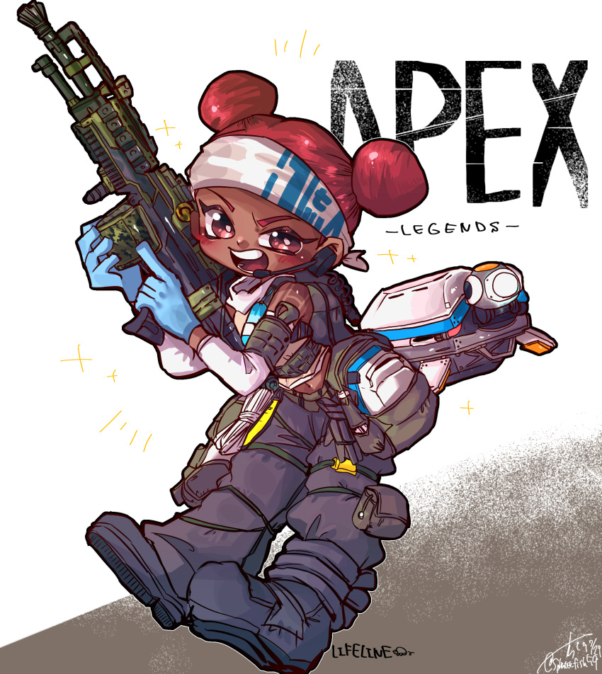 absurdres animification apex_legends black_pants blue_gloves brown_tank_top cargo_pants chibi d.o.c._health_drone dark-skinned_female dark_skin double_bun female gloves gun hair_bun highres holding holding_gun holding_weapon lifeline_(apex_legends) light_machine_gun m600_spitfire navel open_mouth pants red_hair robot solo splinter_fish59 tank_top trigger_discipline v-shaped_eyebrows weapon white_headwear