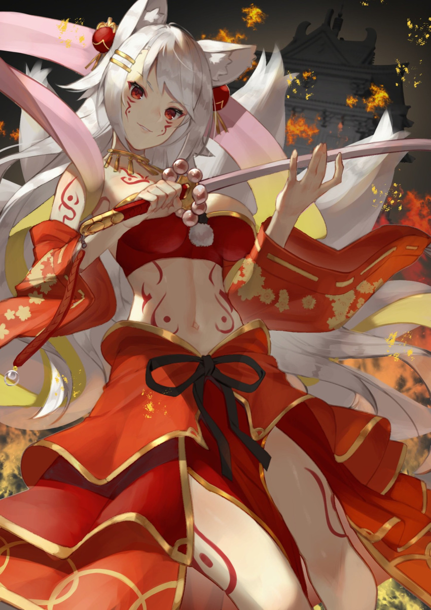 animal_ears bandeau bare_shoulders beads body_markings breasts chisya_syuri cosplay detached_sleeves facial_mark fate/extra fate/extra_ccc fate/extra_ccc_fox_tail fate/grand_order fate_(series) female fire fox_ears fox_tail gold_trim hagoromo hair_ornament hairclip highres holding holding_sword holding_weapon indie_virtual_youtuber jewelry katana large_breasts layered_skirt long_hair looking_at_viewer multiple_tails navel necklace parted_lips pelvic_curtain red_eyes red_skirt ribbon scottie_(phantom2) shawl sidelocks skirt slit_pupils smile solo stomach suzuka_gozen_(fate) suzuka_gozen_(fate)_(cosplay) suzuka_gozen_(third_ascension)_(fate) swept_bangs sword tail thighs virtual_youtuber weapon white_hair wide_sleeves